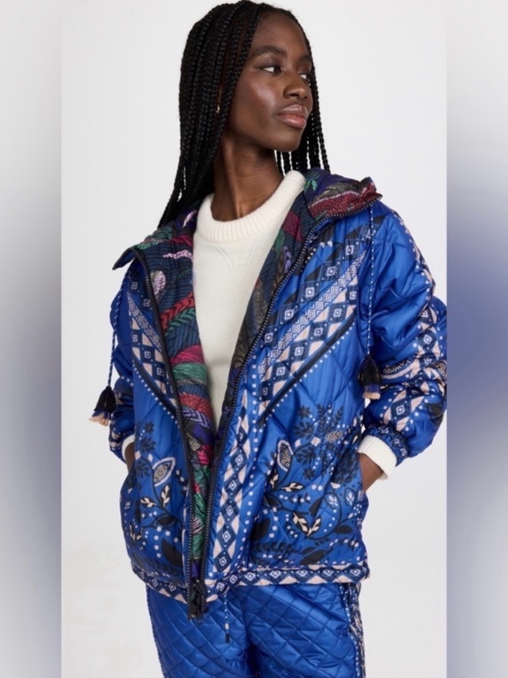 FARM Rio Blue Quilted Hooded Belted Jacket with Multi-Color Back Panel - Picture 2 of 3